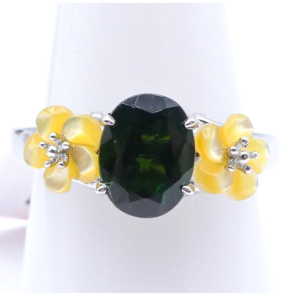 Chrome Diopside Sterling Silver Carved MOP Flower 1.9 Ctw Womens Band Ring Sz 9